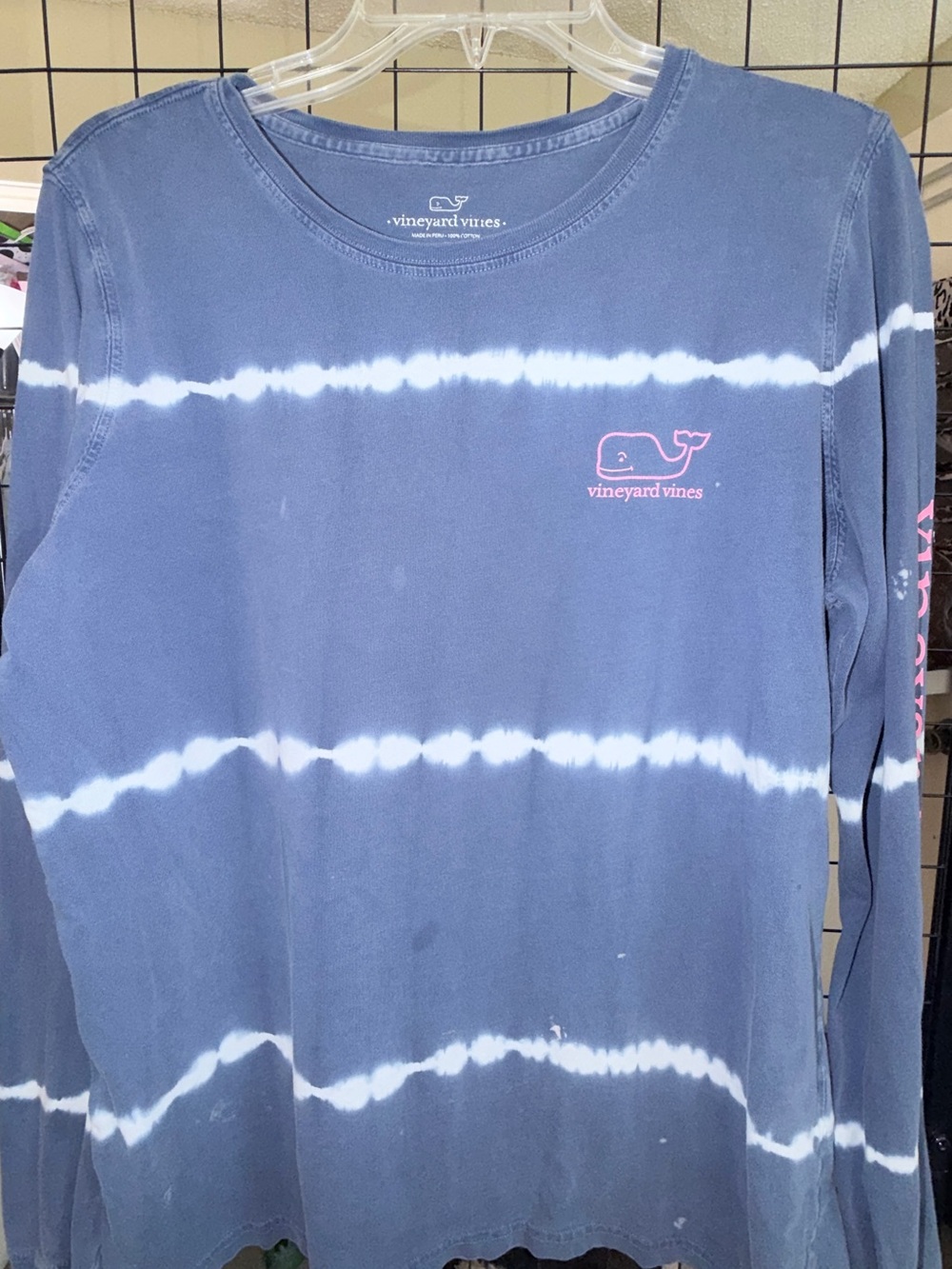 Vineyard Vines Navy Blue & White Tie-Dye Long Sleeve Tee with Pink Whale Logo